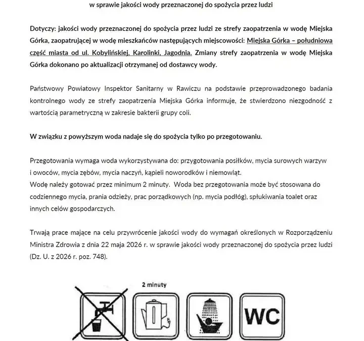 Sanepid w Rawiczu zawęża strefę zaleceń dotyczących wody w gminie Miejska Górka
