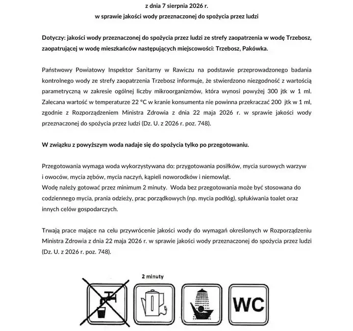 Jakość wody w Trzeboszu i Pakówce: Sanepid wydał zalecenia