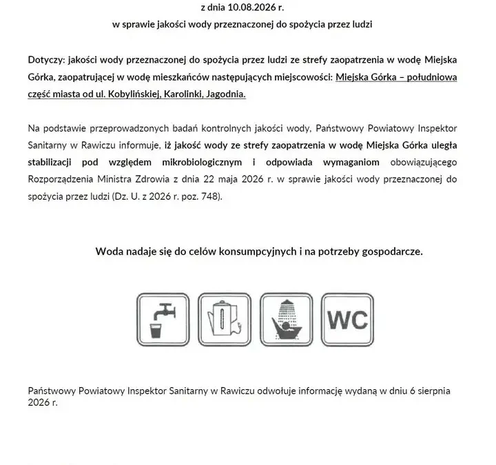 Odwołano zalecenie gotowania wody w Miejskiej Górce – woda znów zdatna do picia