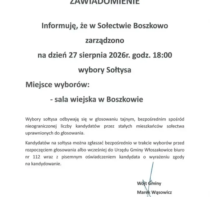 Boszkowo: mieszkańcy wybiorą sołtysa na czwartkowym zebraniu