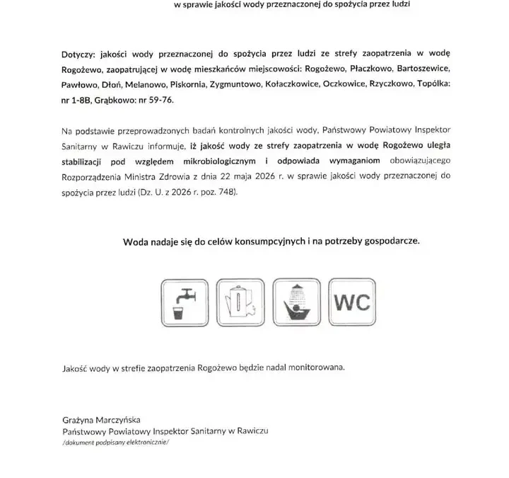 Poprawa jakości wody w strefie Rogożewo – woda zdatna do spożycia