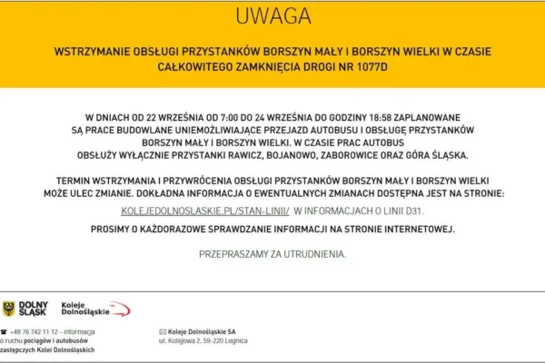 Utrudnienia w komunikacji zastępczej Kolei Dolnośląskich — przystanki Borszyn Mały i Borszyn Wielki czasowo wyłączone