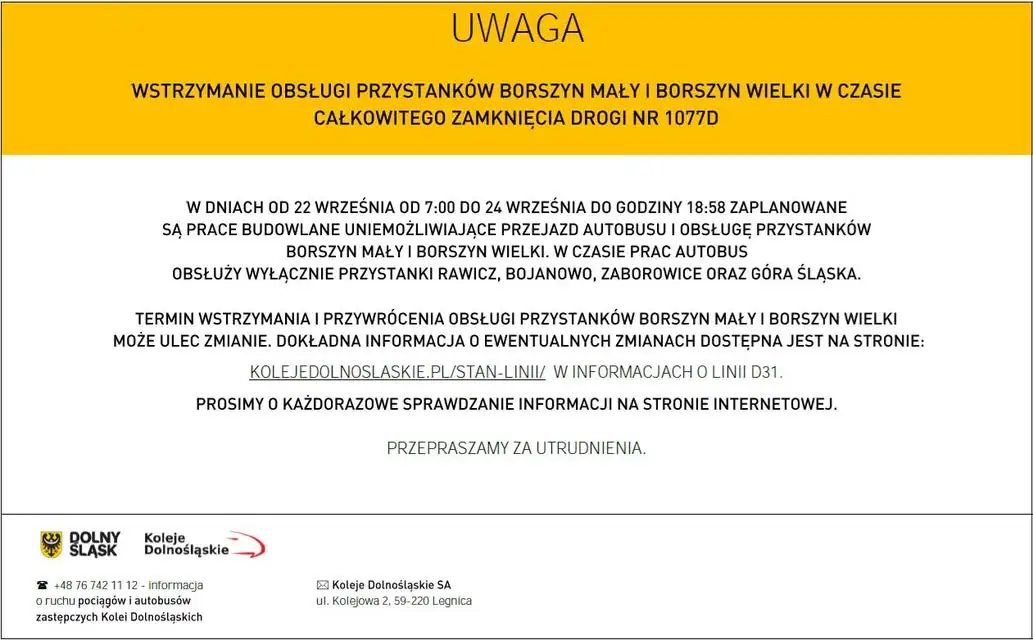 Utrudnienia w komunikacji zastępczej Kolei Dolnośląskich — przystanki Borszyn Mały i Borszyn Wielki czasowo wyłączone