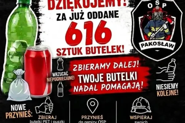 Zbiórka plastikowych butelek w Pakosławiu trwa – strażacy dziękują mieszkańcom
