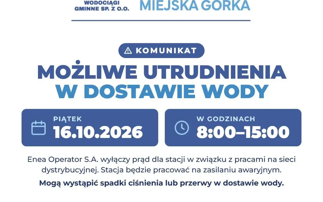 Miejska Górka: przerwy w dostawie wody w piątek 16 października